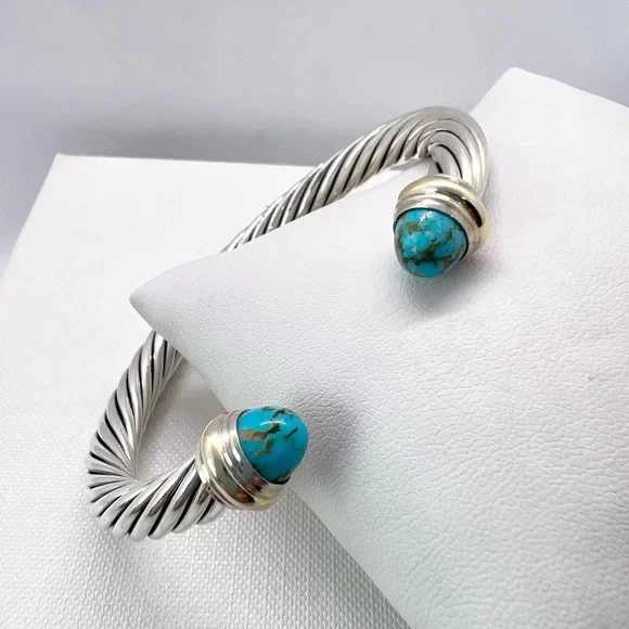 David Yurman Sterling Silver & 14K Gold Turquoise Cable Bracelet - Picture 8 of 14